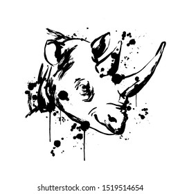 Rhino face, Savannah animal, brush strokes paint, black spray,