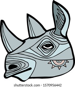 Rhino face vector drawing. Tribal ethnic totem. Hand drawn artwork in graphic style, colorful illustration. Perfect for tattoo design or logo.