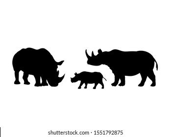 Rhino family. Rhinoceros silhouettes of animals. Vector illustrator