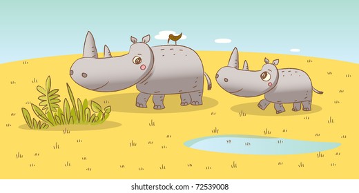 rhino family- wild animals savanna vector drawings