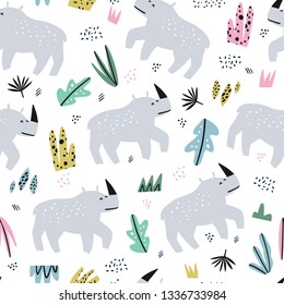 Rhino flat hand drawn seamless pattern. Cute rhinoceros cartoon character. Jungle, rainforest, savanna fauna with grass. Zoo, safari wildlife mammal. Wrapping paper, kid textile, background design