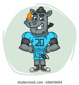 Rhino Football Player Holding Hands on Waist. Vector Illustration. Mascot Character.