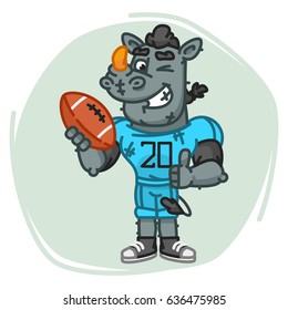 Rhino Football Player Holds Ball Shows Thumbs Up and Winks. Vector Illustration. Mascot Character.