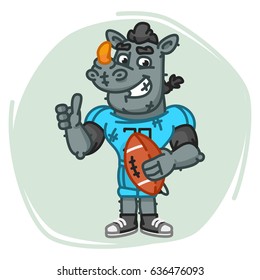 Rhino Football Player Holds Ball Shows Thumbs Up. Vector Illustration. Mascot Character.