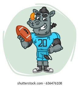 Rhino Football Player Holds Ball. Vector Illustration. Mascot Character.