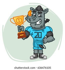 Rhino Football Player Holds Cup. Vector Illustration. Mascot Character.