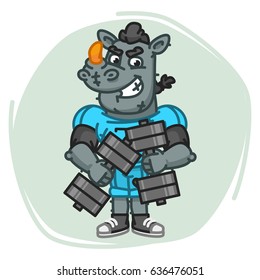 Rhino Football Player Holds Two Dumbbells. Vector Illustration. Mascot Character.
