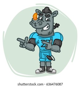 Rhino Football Player Indicates Two Fingers. Vector Illustration. Mascot Character.