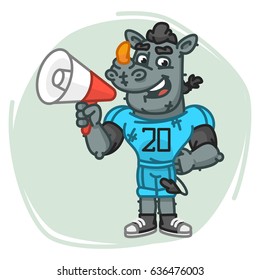 Rhino Football Player Speaks Into Megaphone. Vector Illustration. Mascot Character.