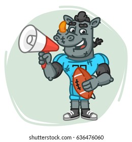 Rhino Football Player Speaks Into Megaphone and Holds Ball. Vector Illustration. Mascot Character.