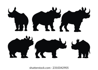 Rhino full body silhouette collection. Wild peaceful rhino silhouette bundle design. Herbivorous rhino standing silhouette on a white background. Dangerous rhinoceros standing in different positions.