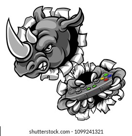 A rhino gamer animal sports mascot holding a games controller and breaking through the background with its claws