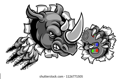 A rhino gamer animal sports mascot holding a games controller and breaking through the background with its claws