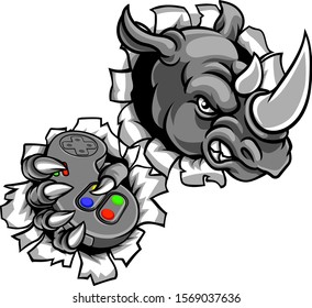 A rhino gamer animal sports mascot holding a games controller and breaking through the background with its claws