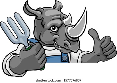 A rhino gardener cartoon gardening animal mascot holding a garden fork tool peeking round a sign and giving a thumbs up