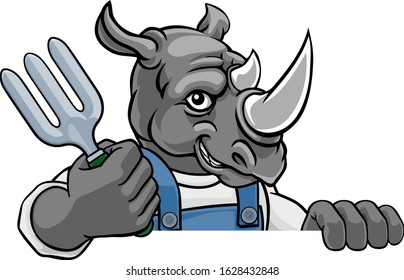 A rhino gardener cartoon gardening animal mascot holding a garden fork tool peeking round a sign