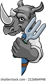 A rhino gardener cartoon gardening animal mascot holding a garden fork tool peeking round a sign