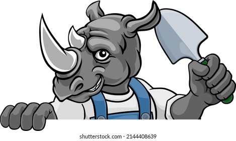 A rhino gardener cartoon gardening animal mascot holding a garden spade tool peeking round a sign