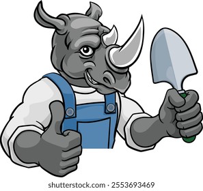 A rhino gardener cartoon gardening animal mascot holding a garden spade tool peeking round a sign and giving a thumbs up