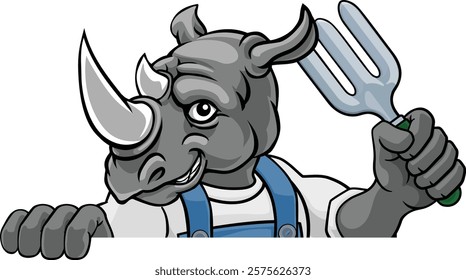 A rhino gardener cartoon gardening animal mascot holding a garden fork tool peeking round a sign