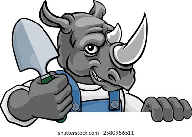 A rhino gardener cartoon gardening animal mascot holding a garden spade tool peeking round a sign