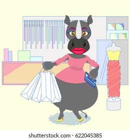 Rhino girl shopping in the mall. Flat vector design