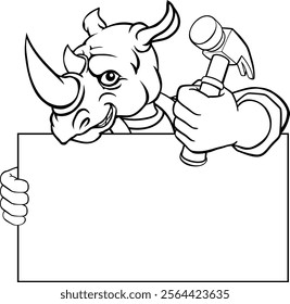 A rhino handyman or carpenter cartoon construction man mascot character holding a hammer tool