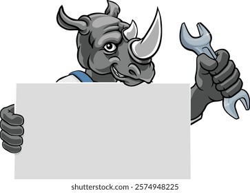 A rhino handyman, mechanic, plumber or other construction cartoon mascot man holding a wrench or spanner tool.