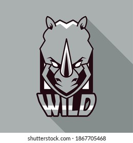 rhino head animal emblem icon and wild word vector illustration design
