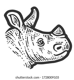 Rhino head, animal isolated. Sketch scratch board imitation. Black and white. Engraving vector illustration.