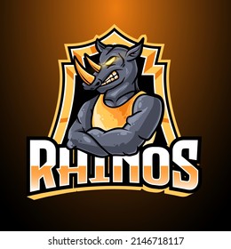 Rhino Head and Cross Arm E-Sport Logo, Mascot, and Emblem Template Isolated Vector. Illustration Logo. Suitable for Game, Streamer, and E-Sport Team.