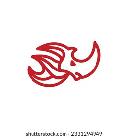 Rhino Head Fire line logo design template, Angry rhino logo. Vector illustration