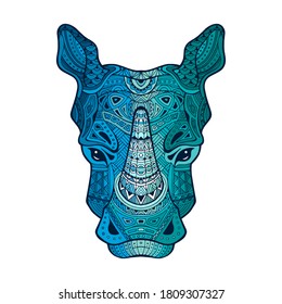 Rhino head with ornament. Retro banner, card, scrap booking. t-shirt, bag, postcard, poster. Highly detailed vintage colorful hand drawn vector illustration. Vector image