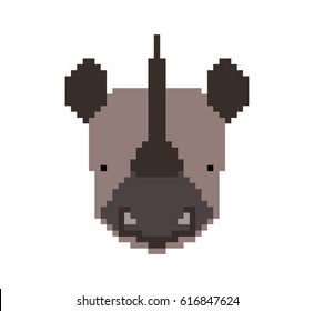 Rhino head in pixel art style made of small colored squares