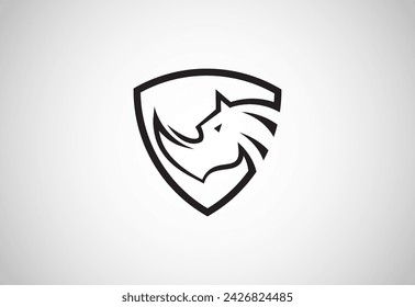 Rhino head and shield logo icon. Rhinoceros brand identity emblem vector illustration.
