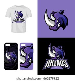 Rhino head sport club isolated vector logo concept. Modern professional team badge mascot design. Premium quality wild animal t-shirt tee print illustration. Smart phone case accessory emblem.