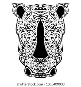Rhino head zentangle stylized vector illustration, freehand doodle black and white Zen art.