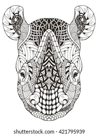 Rhino head zentangle stylized, vector illustration, freehand pencil, doodle, black and white, pattern, hand drawn. Zen art.