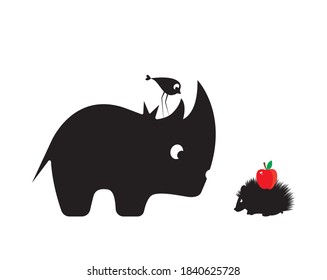 Rhino and hedgehog cartoon illustration isolated on white background, vector. Rhino and hedgehog silhouette and red apple. Fun childish art design, wall decals, natural artwork