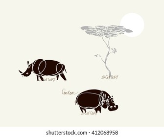 Rhino and hippo in the African savannah on background of the tree and sun