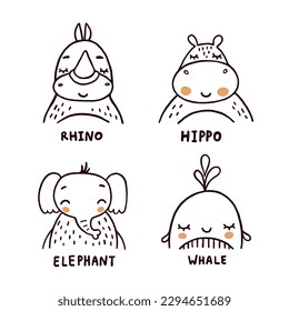 Rhino, hippo, elephant and whale simple vector illustrations set on white background. Cute pictures of exotic animals with names for children