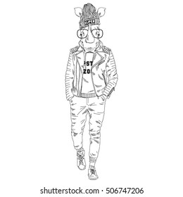 rhino hipster dressed up in leather jacket, furry art illustration, fashion animals, hipster animals