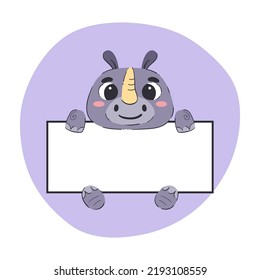 Rhino holding a white banner. Cute hand-drawn vector illustration with purple background. Editable card template.