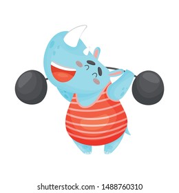 Rhino holds a heavy barbell. Vector illustration on a white background.