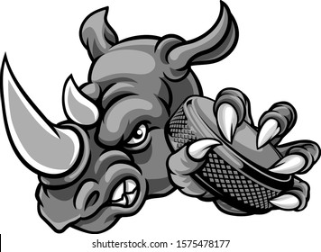 A rhino ice hockey player animal sports mascot holding a puck