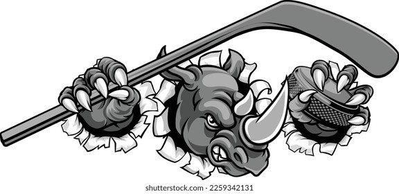 A rhino ice hockey player animal sports mascot holding a hockey stick and puck