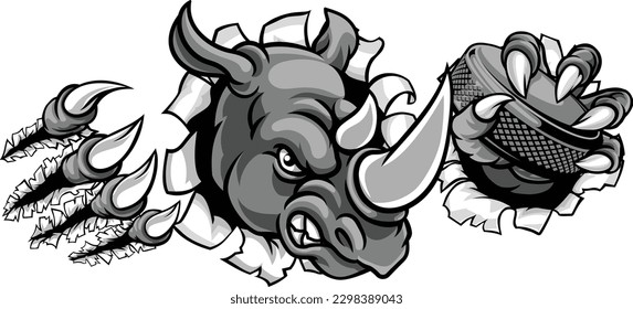 A rhino ice hockey player animal sports mascot holding a puck