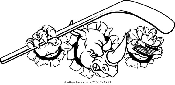 A rhino ice hockey player animal sports mascot holding a hockey stick and puck