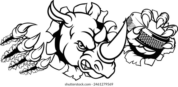 A rhino ice hockey player animal sports mascot holding a puck