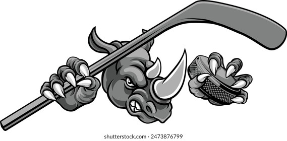 A rhino ice hockey player animal sports mascot holding a hockey stick and puck